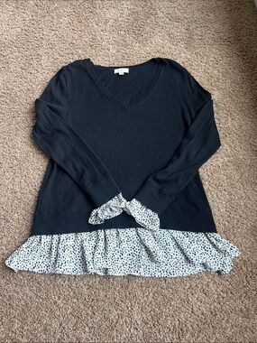 LOFT Black V-Neck Sweater with White Polka Dot Ruffle Size M